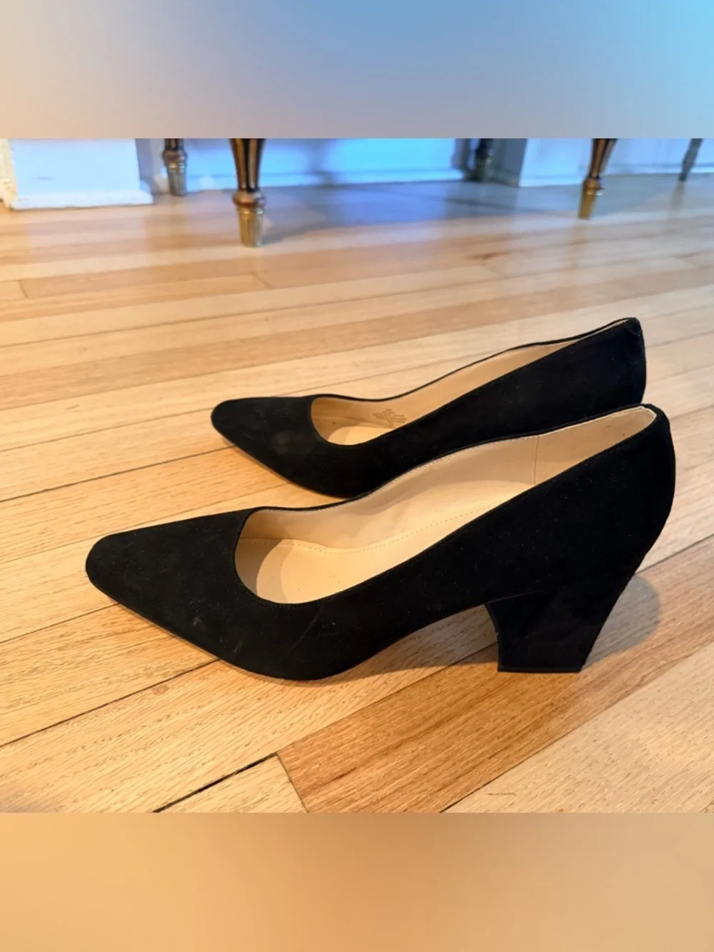 Black Suede Pointed Block Heel Pumps